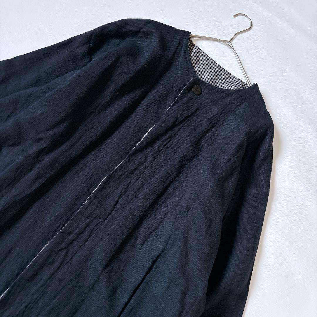 可愛い♡ババグーリ ノーカラーコート ギンガムチェック リネン混 Aライン M