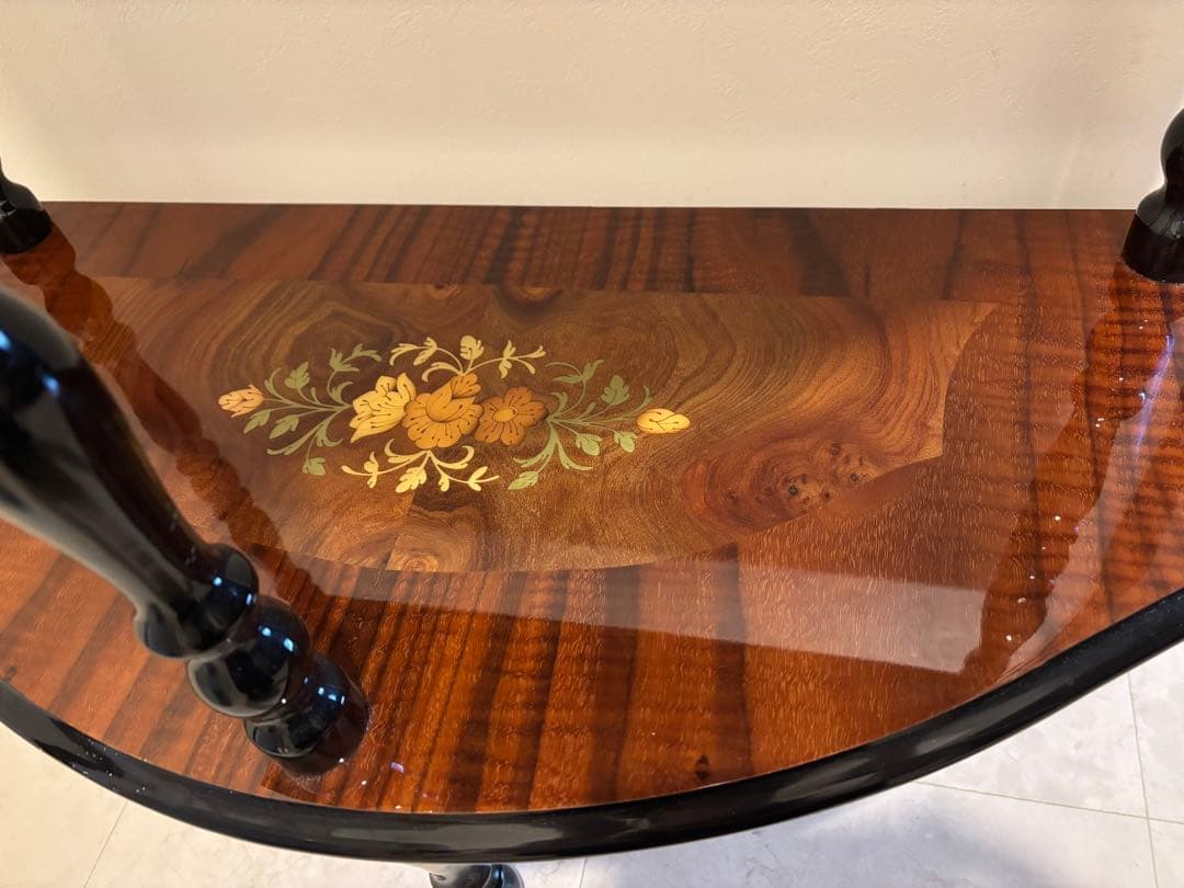 コンソール　テーブル　イタリア製　象嵌　花柄装飾 半月型木製テーブル