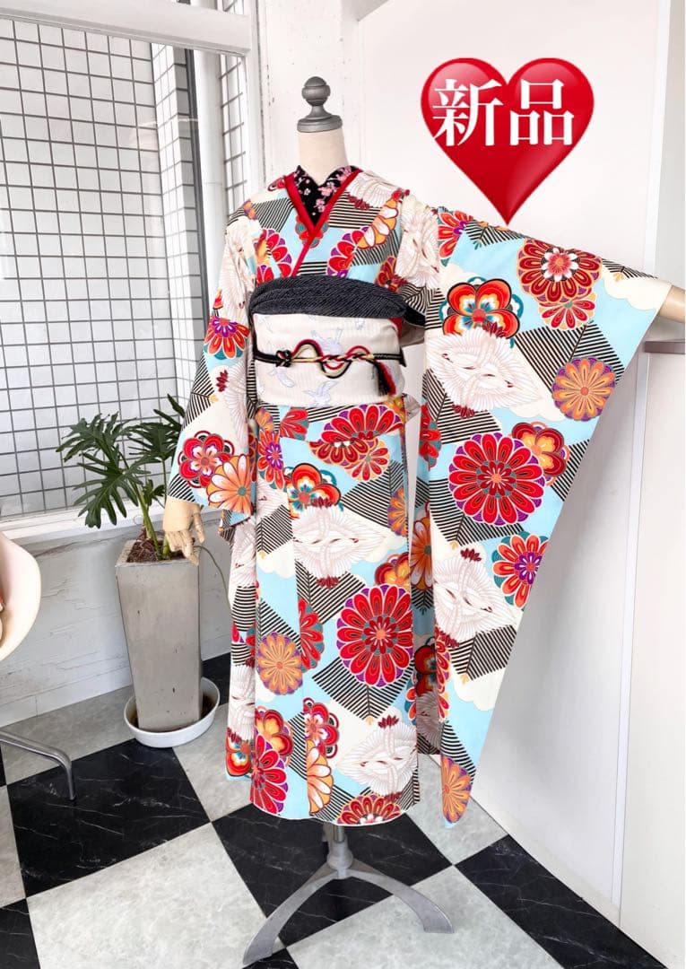 全て揃う振袖セット、青、白、成人式振袖フルセット【髪飾り付】