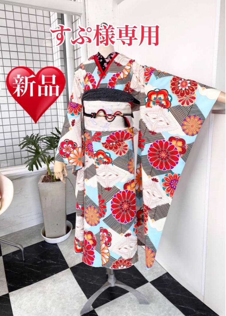 全て揃う振袖セット、青、白、成人式振袖フルセット【髪飾り付】