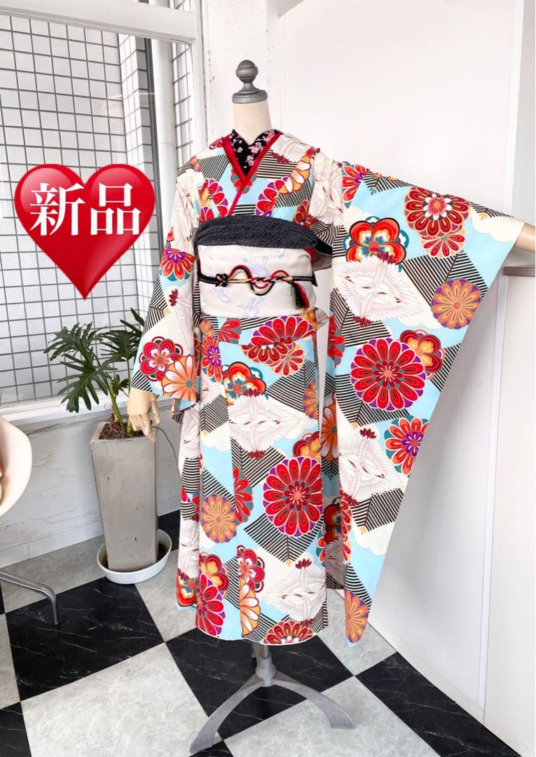 全て揃う振袖セット、青、白、成人式振袖フルセット【髪飾り付】