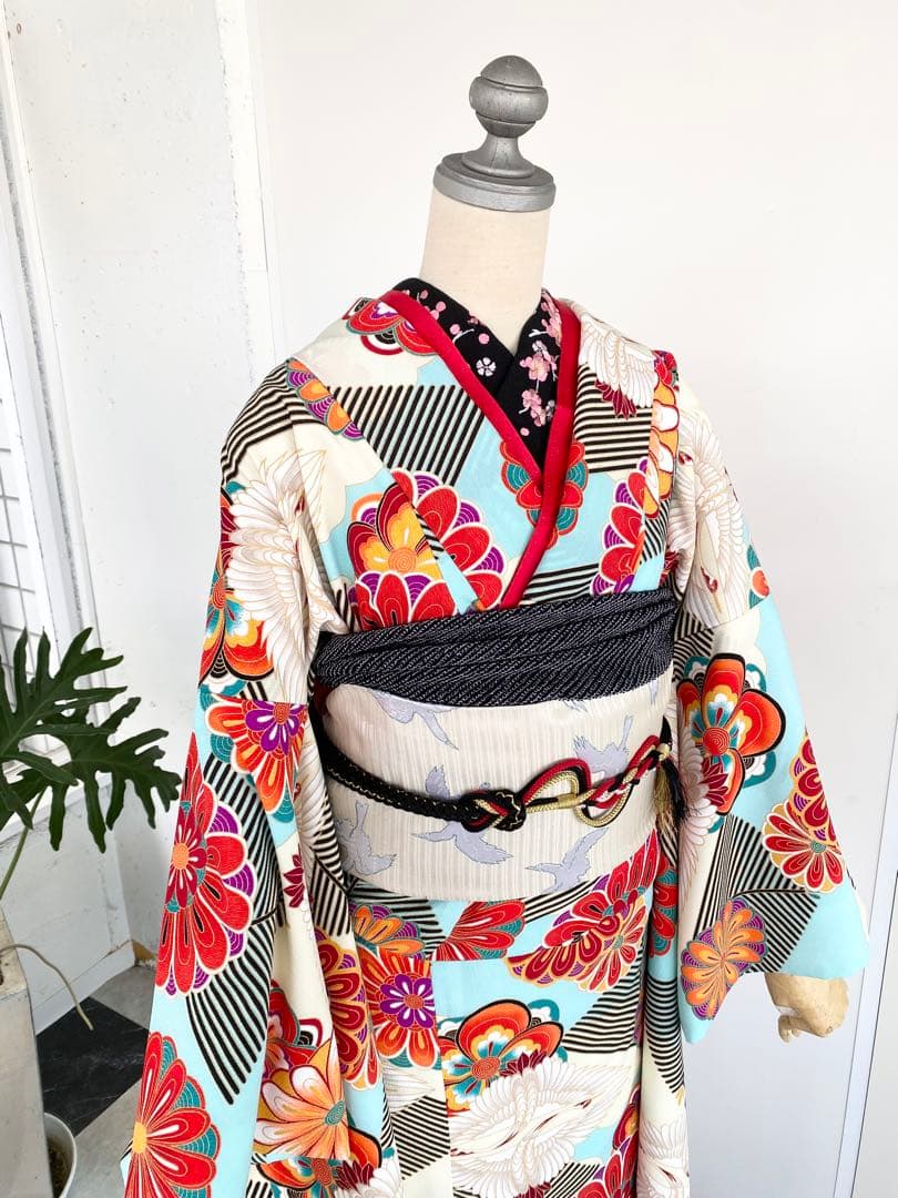 全て揃う振袖セット、青、白、成人式振袖フルセット【髪飾り付】