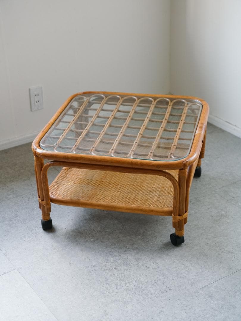 ジャパニーズモダン ガラステーブル 藤家具 /ラタン ヴィンテージ 昭和レトロ