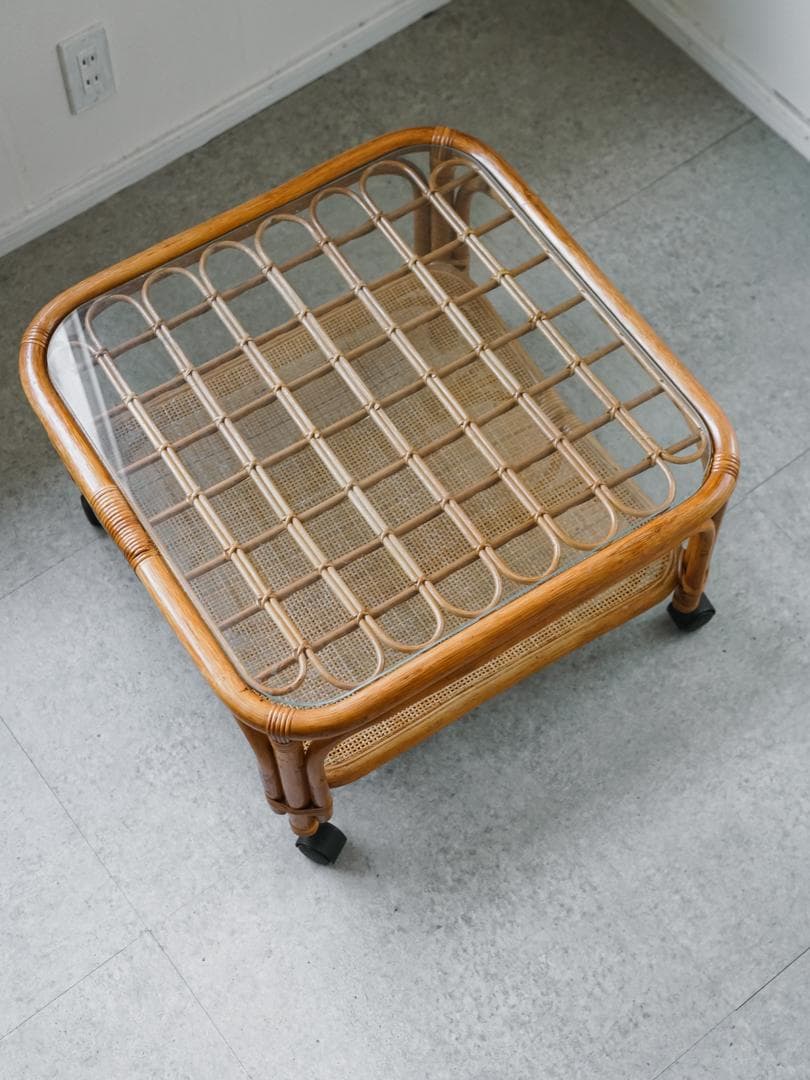 ジャパニーズモダン ガラステーブル 藤家具 /ラタン ヴィンテージ 昭和レトロ