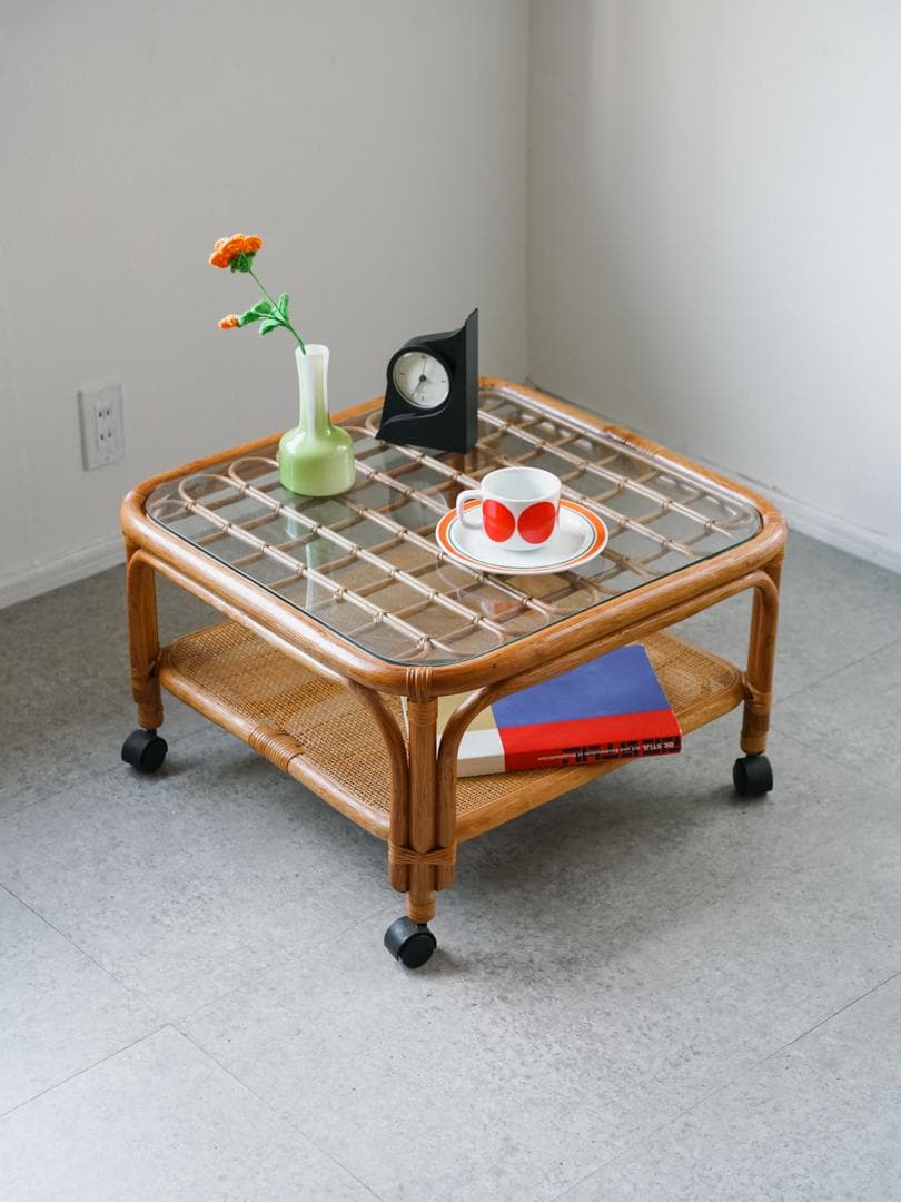 ジャパニーズモダン ガラステーブル 藤家具 /ラタン ヴィンテージ 昭和レトロ