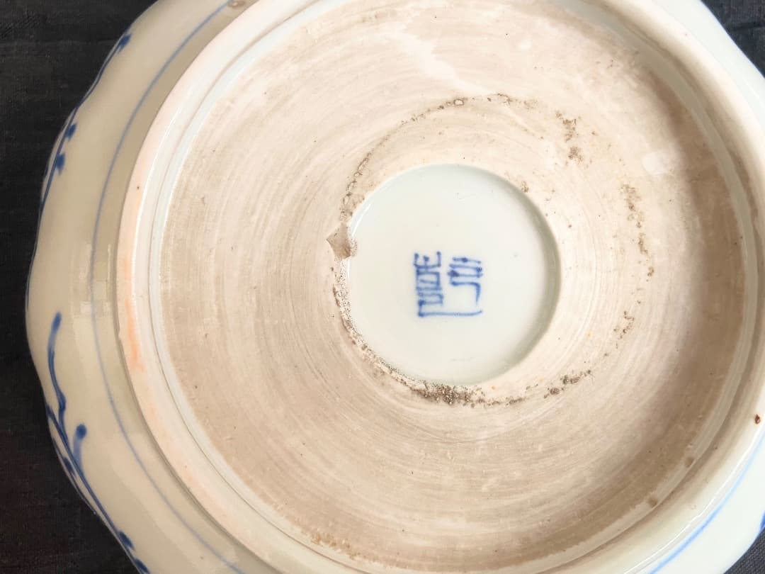 ゆりかもめ能登蔵出し 古伊万里 染付 線描花文 輪花皿 3客