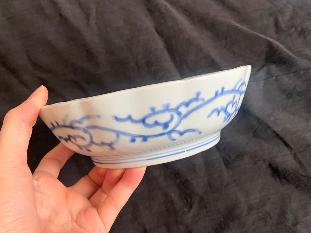 ゆりかもめ能登蔵出し 古伊万里 染付 線描花文 輪花皿 3客