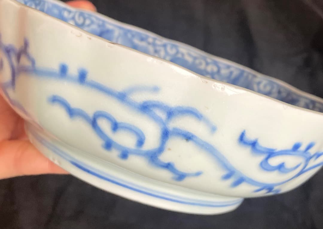 ゆりかもめ能登蔵出し 古伊万里 染付 線描花文 輪花皿 3客