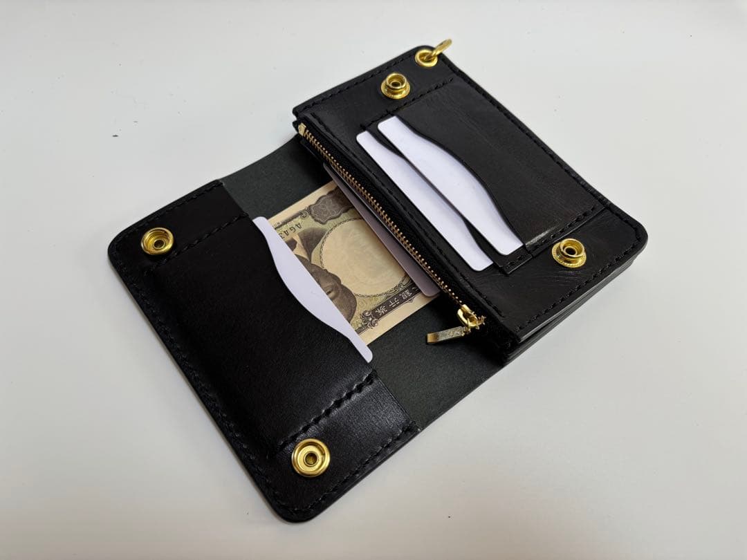 黒　ヌメ革　トラッカーウォレット　三層　真鍮 レザークラフト