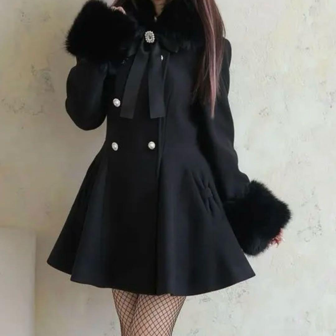 Nogenki ファーフレアパールダブルコート ブラック