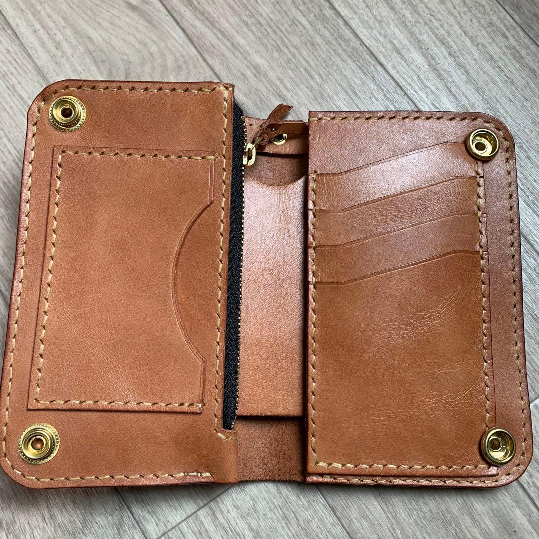 【茶芯】ブラック×ブラウン　トラッカーウォレットミドル　真鍮　お札を折らずに収納