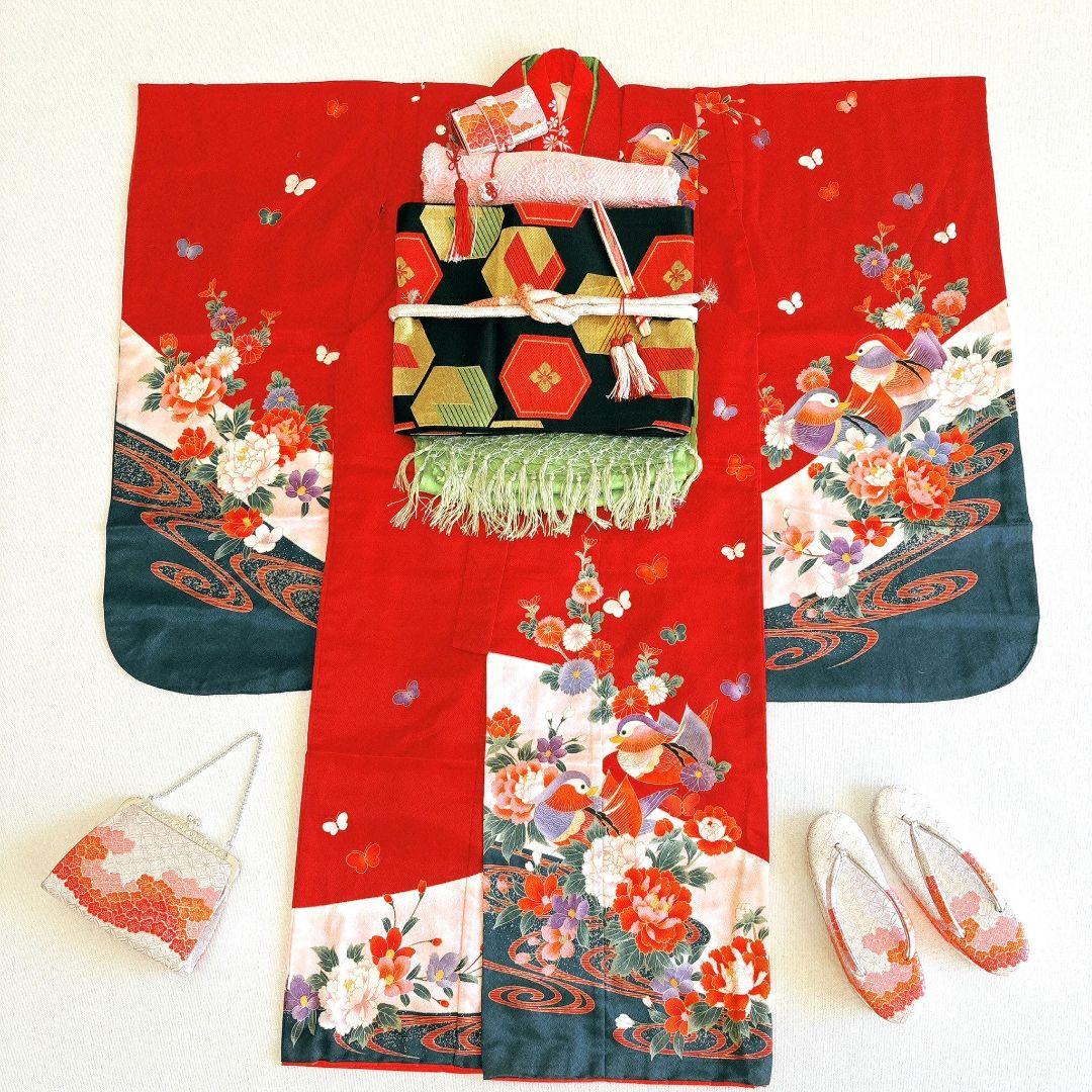 七五三　7歳　女の子　着物フルセット　小物セット　赤×紺　5242
