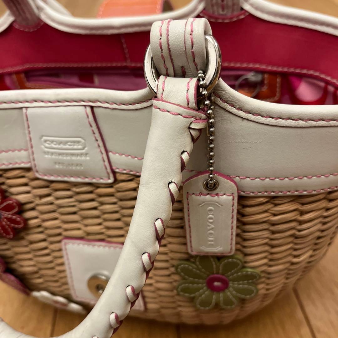 【美品・値下げ】COACH コーチ　限定花アップリケ　かごバッグ　ストローバッグ