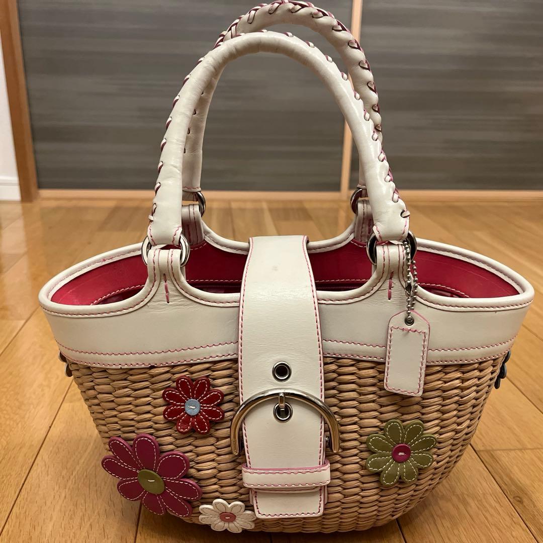 【美品・値下げ】COACH コーチ　限定花アップリケ　かごバッグ　ストローバッグ