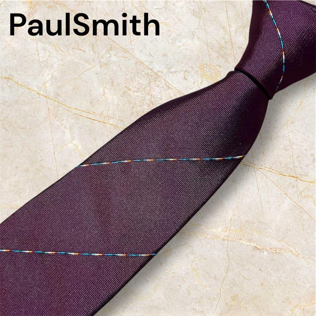 極美品⭐️Paul Smith バーガンディ ストライプ ネクタイ　現行タグ