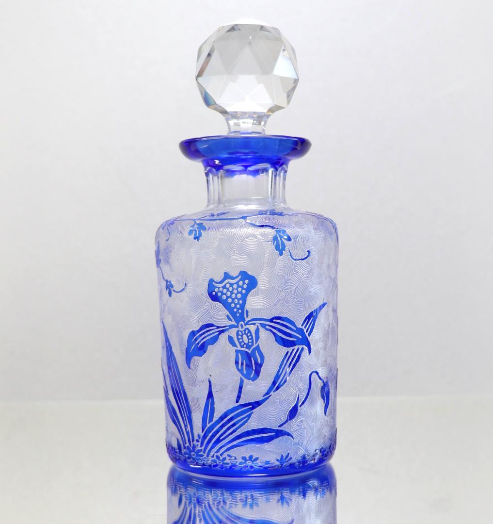 ヴァル・サン・ランベール コバルトブルー被せアシッドエッチング 植物文様香水瓶