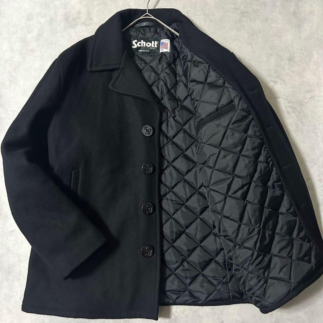 美品 ショット メルトンウール ピーコート 42 XL 米国製 シングル 黒