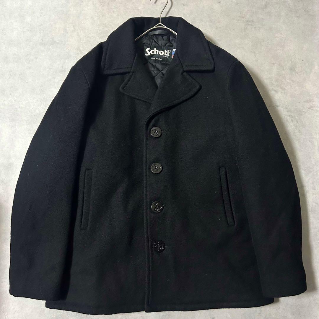 美品 ショット メルトンウール ピーコート 42 XL 米国製 シングル 黒