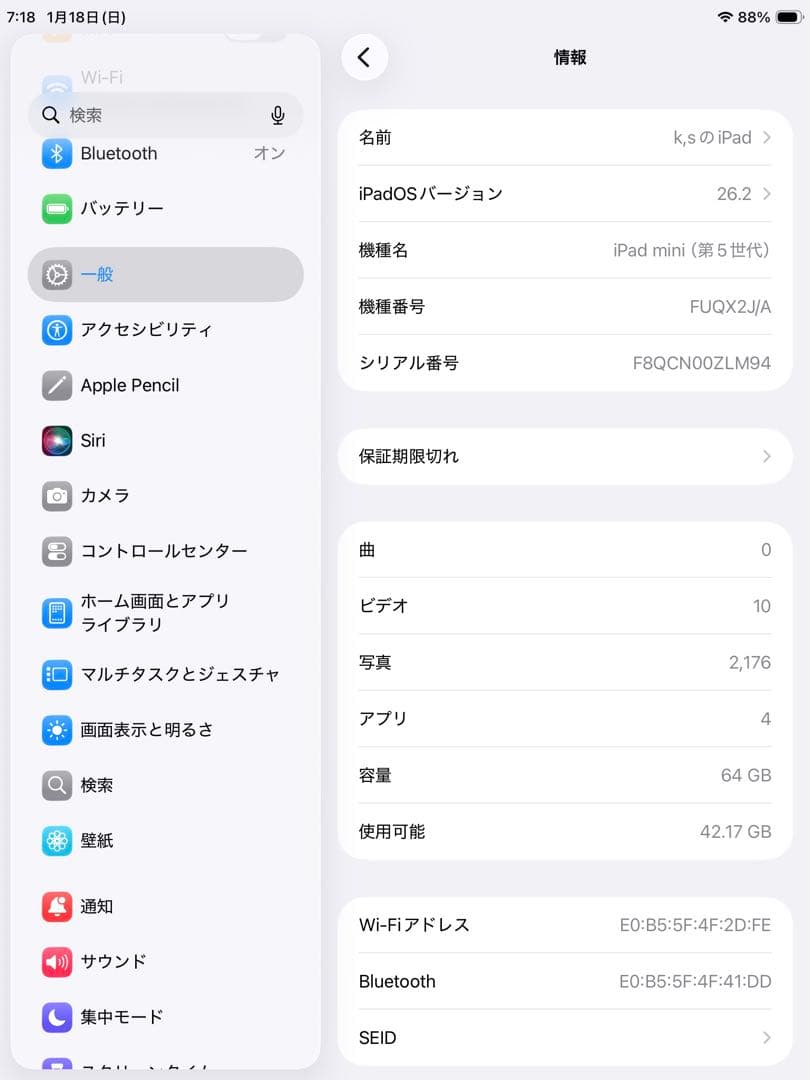 Apple iPad mini 第５世代シルバー WI-FI本体ジャンク