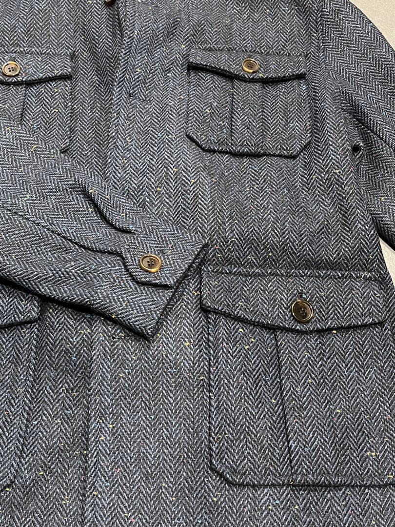 新品 ツイードウール サファリジャケット ネイビーメンズ M ヘリンボーン織り