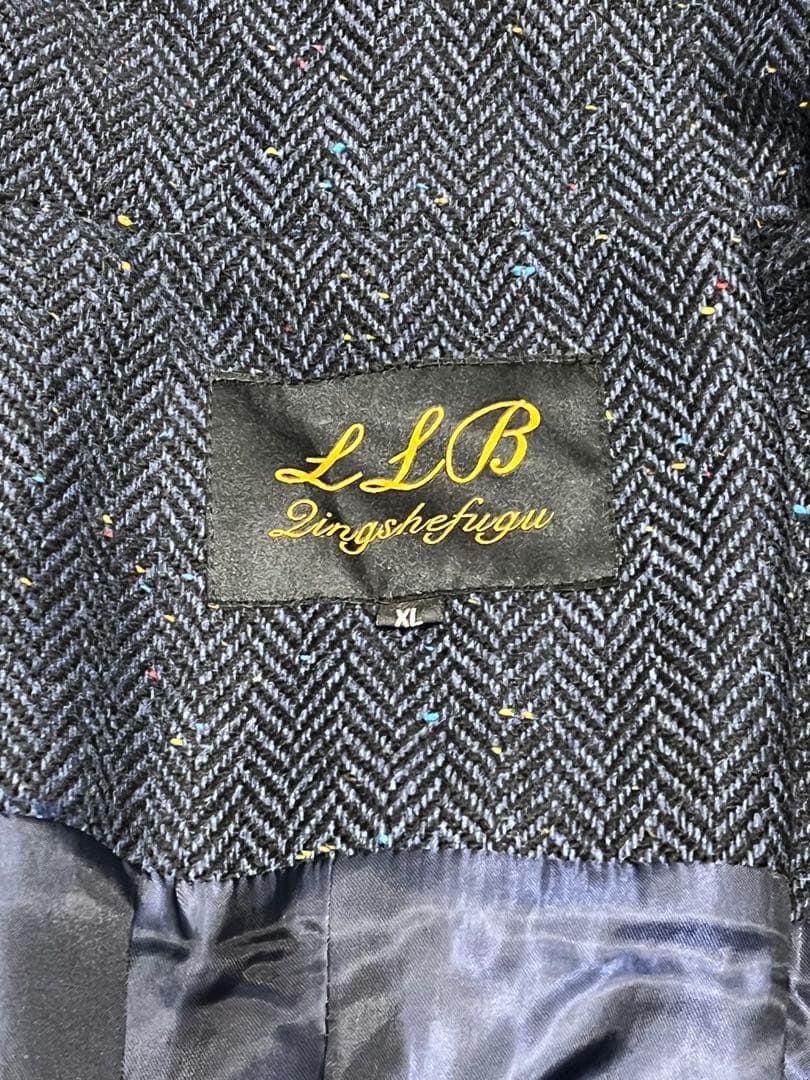 新品 ツイードウール サファリジャケット ネイビーメンズ M ヘリンボーン織り