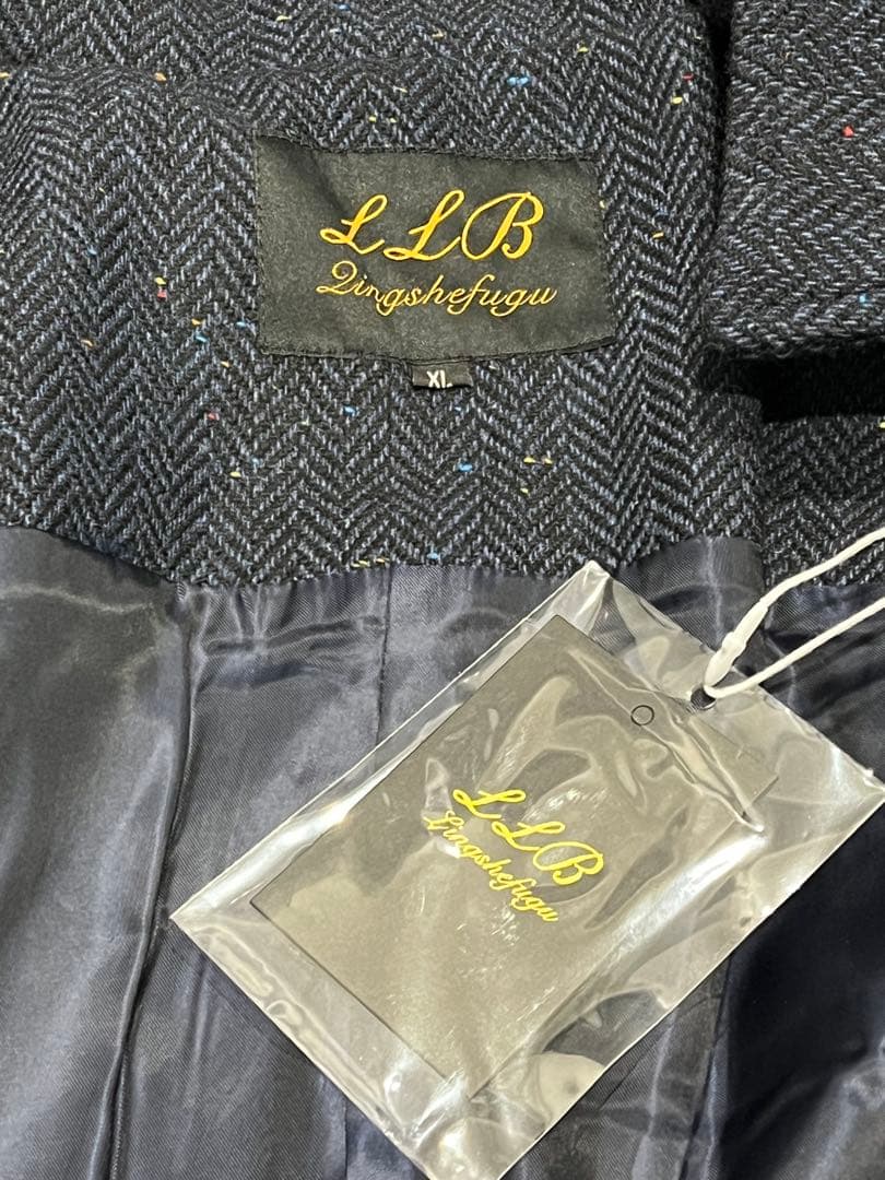 新品 ツイードウール サファリジャケット ネイビーメンズ M ヘリンボーン織り