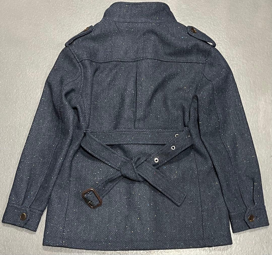 新品 ツイードウール サファリジャケット ネイビーメンズ M ヘリンボーン織り