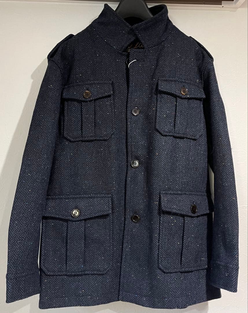 新品 ツイードウール サファリジャケット ネイビーメンズ M ヘリンボーン織り