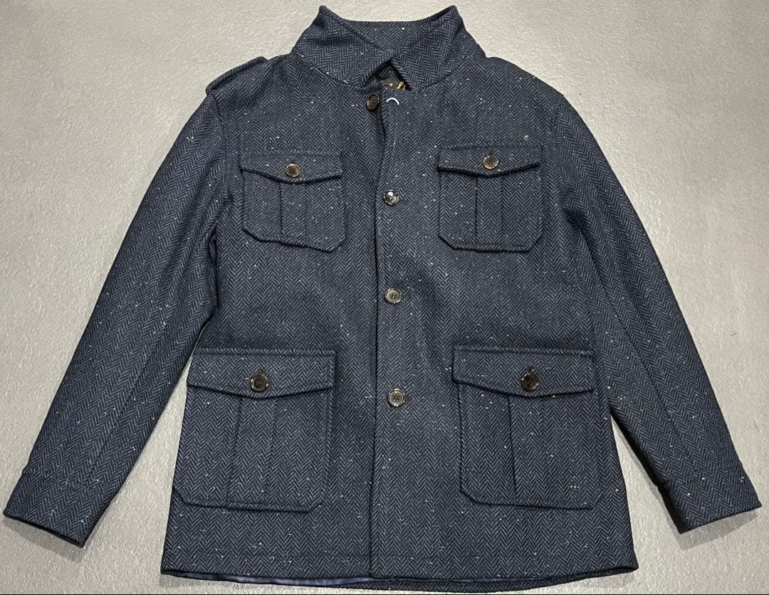 新品 ツイードウール サファリジャケット ネイビーメンズ M ヘリンボーン織り