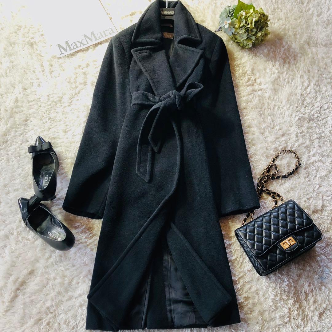 希少42✨美品 マックスマーラ ベルテッドコート アンゴラ 女優襟 ブラック