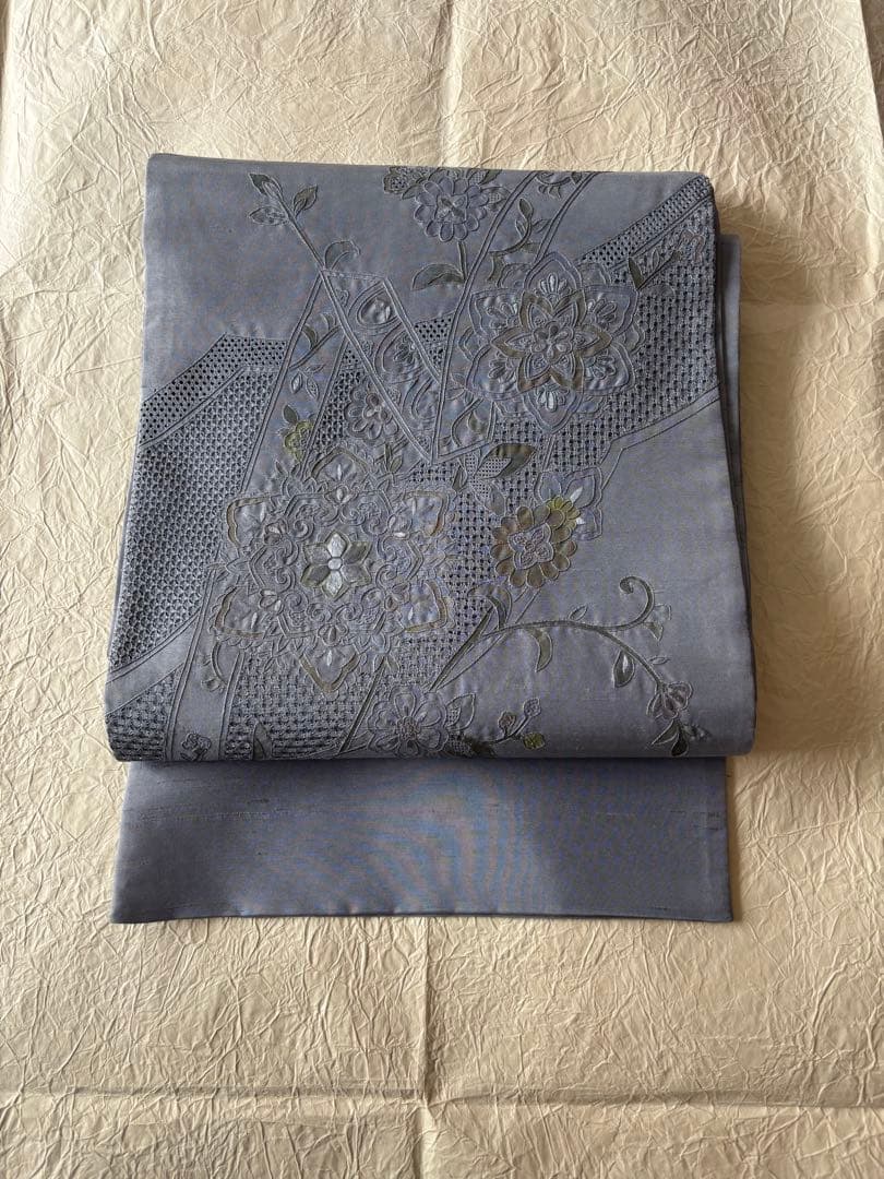 【極美品】スワトウ刺繍 袋帯　グレイッシュブルー　正絹