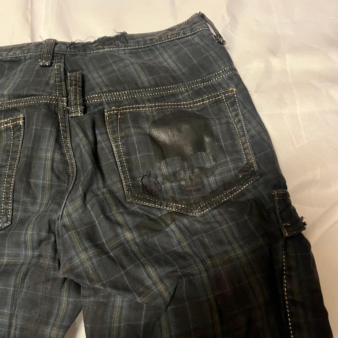 Roen チェックパンツ ダメージ ブリーチ 加工 ドクロ スカル ロエン