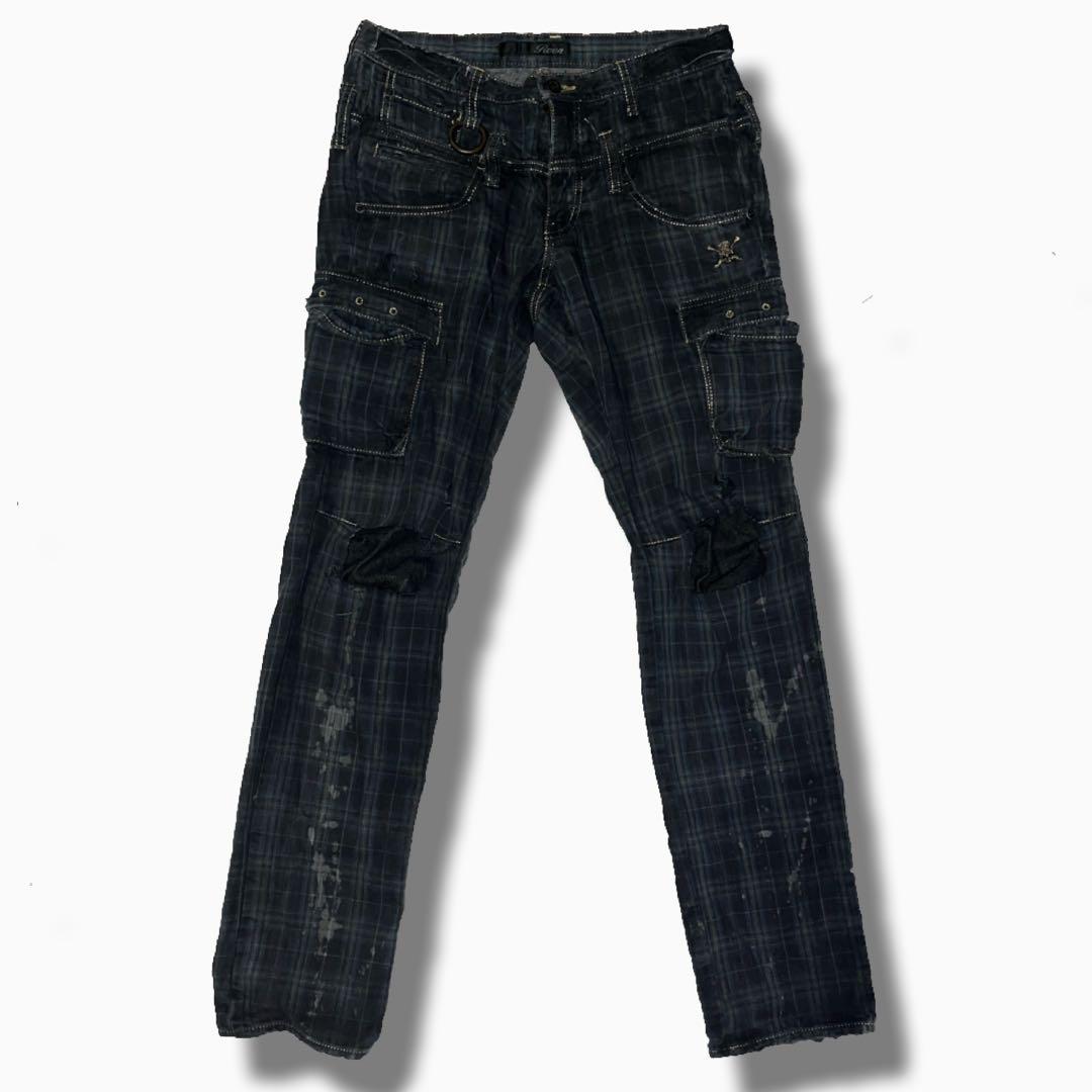 Roen チェックパンツ ダメージ ブリーチ 加工 ドクロ スカル ロエン