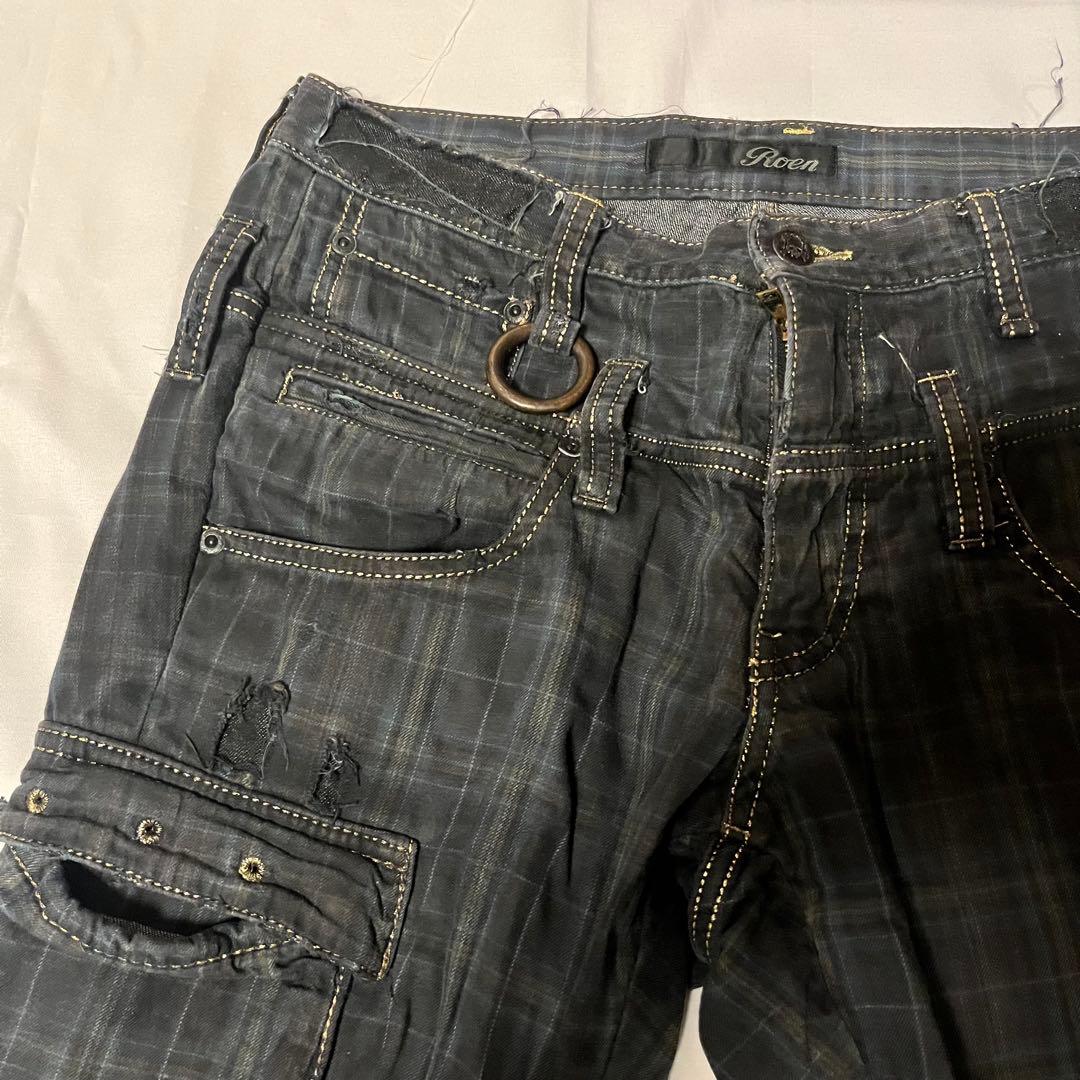 Roen チェックパンツ ダメージ ブリーチ 加工 ドクロ スカル ロエン