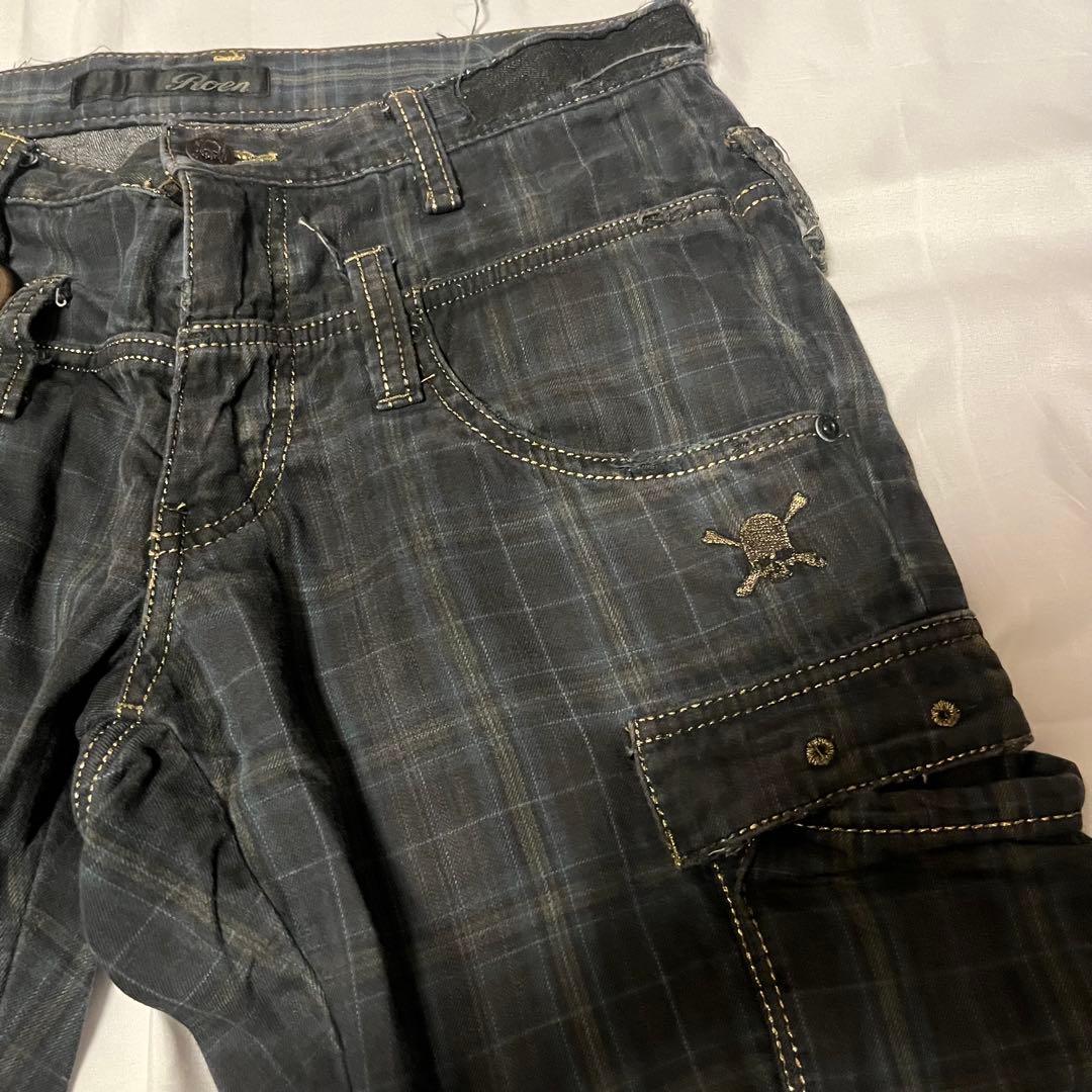Roen チェックパンツ ダメージ ブリーチ 加工 ドクロ スカル ロエン