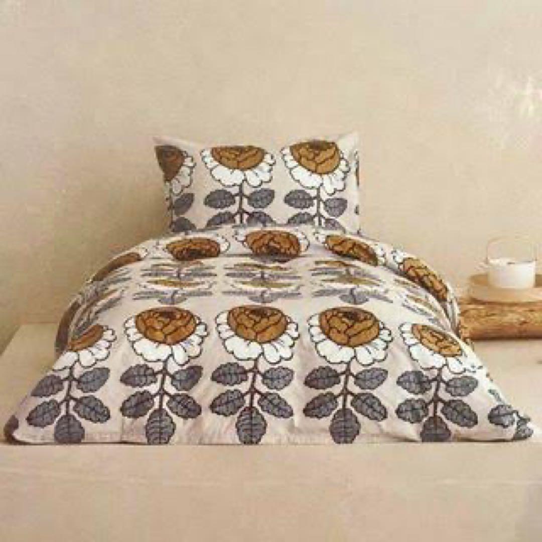 ①新品正規品 marimekko 花柄 シングル 掛け布団と枕のカバーイエロー