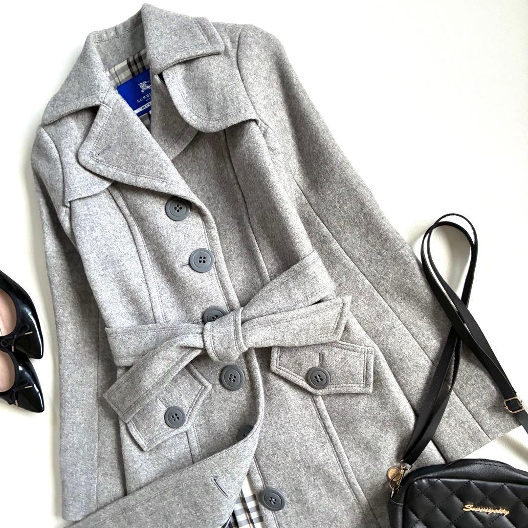 ◆美品◆バーバリーブルーレーベル◆ウールロングコート◆M◆グレー◆ノバチェック