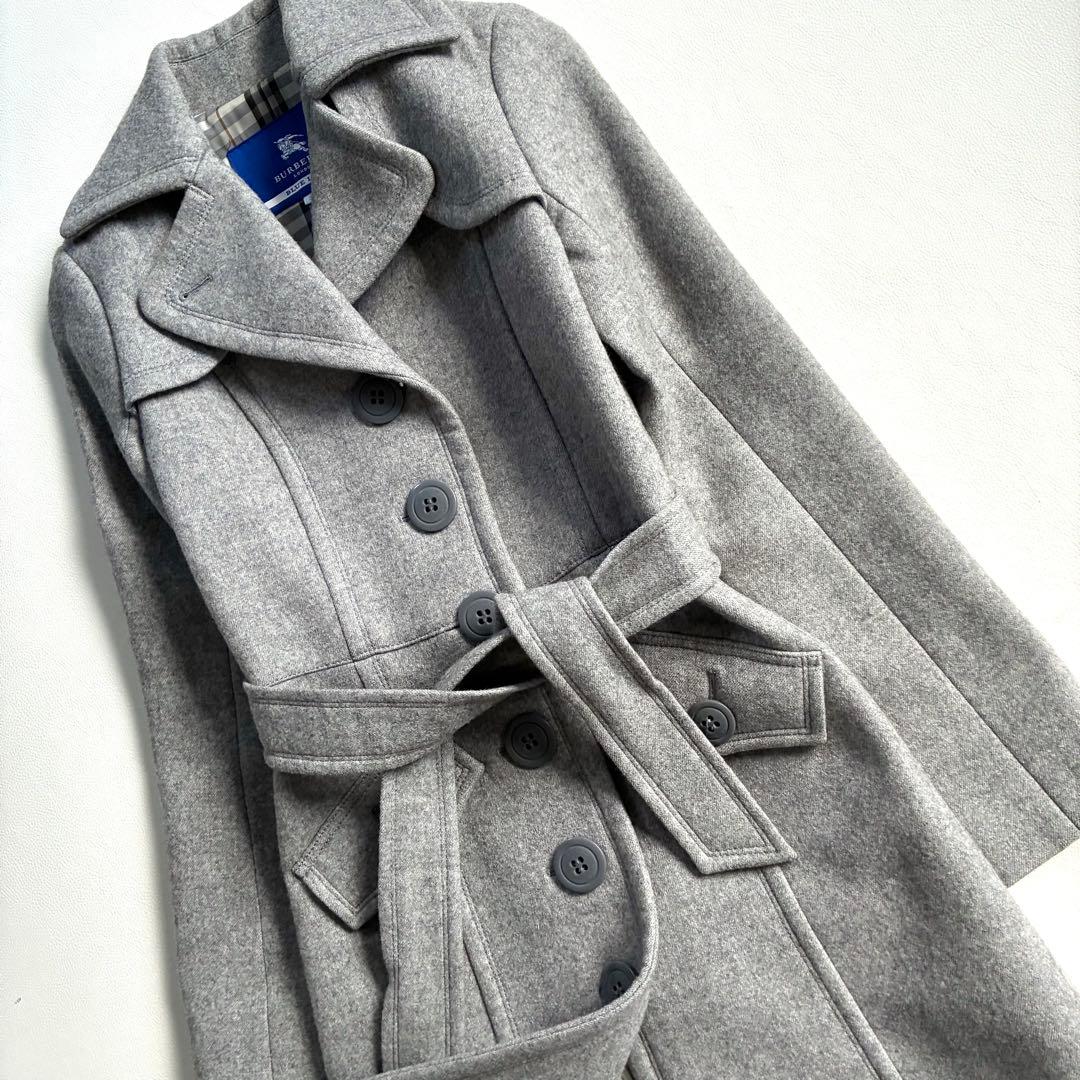 ◆美品◆バーバリーブルーレーベル◆ウールロングコート◆M◆グレー◆ノバチェック