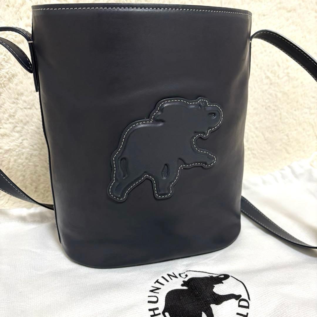 ハンティングワールド バケツ型 オールレザー ショルダーバッグ ネイビー