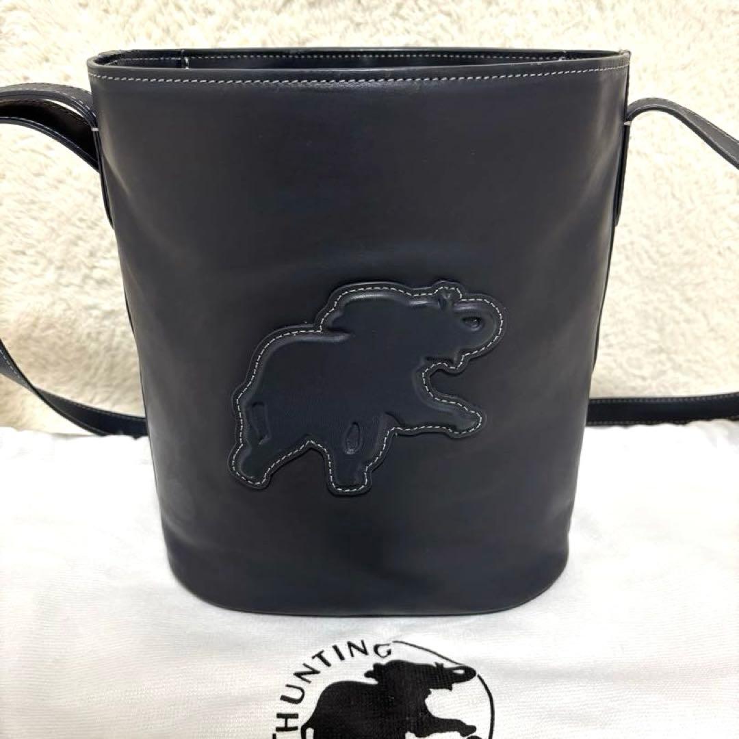 ハンティングワールド バケツ型 オールレザー ショルダーバッグ ネイビー