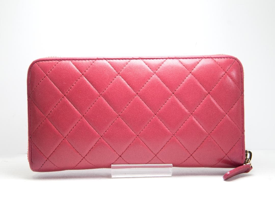 シャネル 長財布 マトラッセ ラウンドファスナー ピンク レッド ラムスキン
