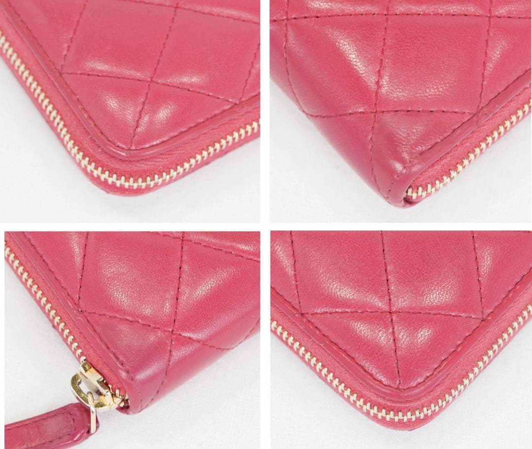 シャネル 長財布 マトラッセ ラウンドファスナー ピンク レッド ラムスキン