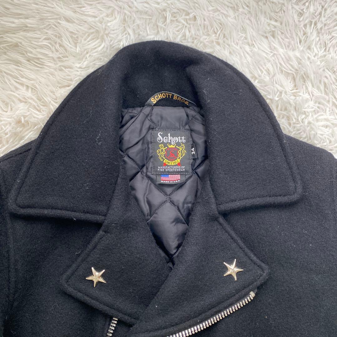 SCHOTT ライダース 裏地キルティング　Pコート　ブラック　スタッズ　星