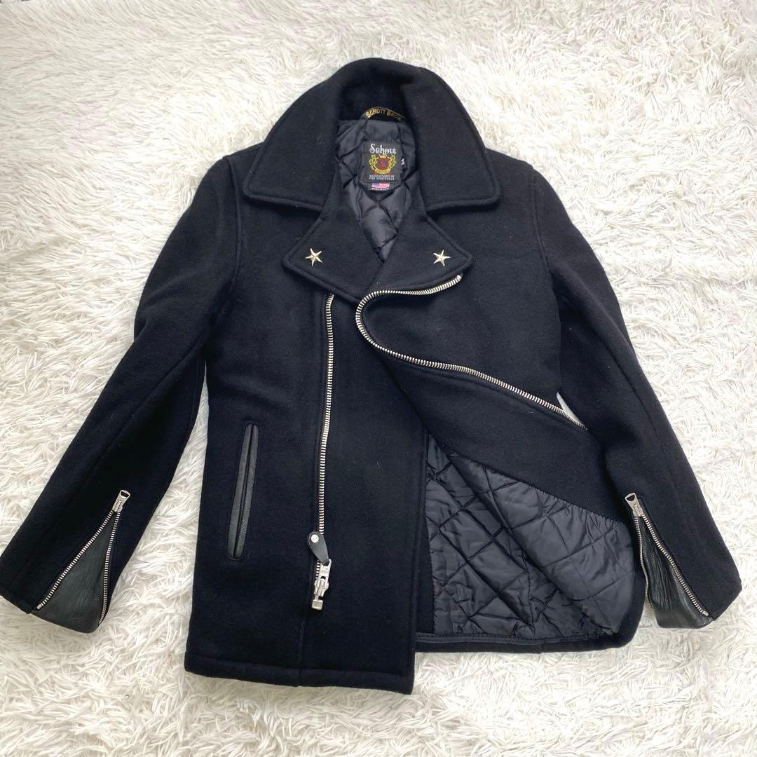SCHOTT ライダース 裏地キルティング　Pコート　ブラック　スタッズ　星