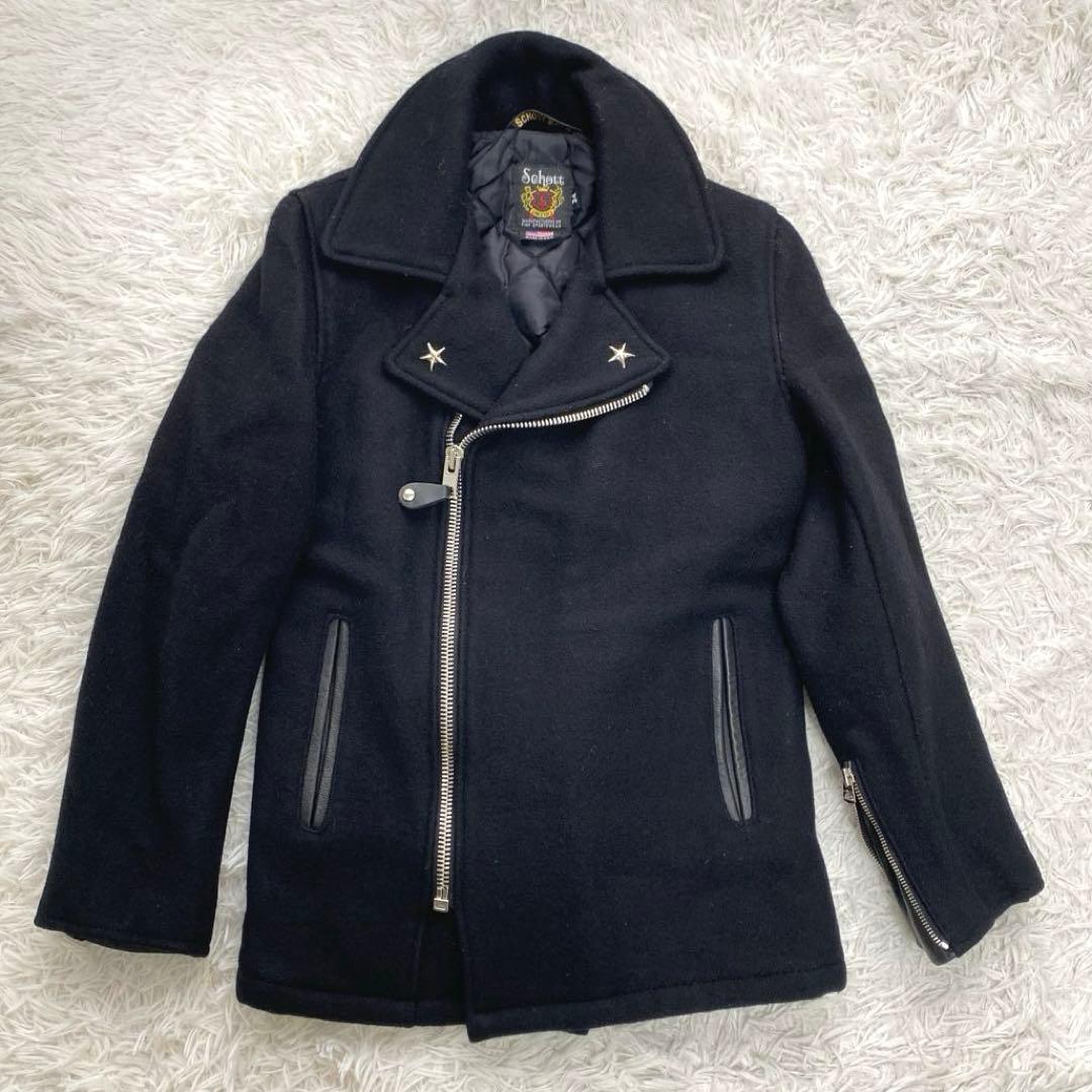 SCHOTT ライダース 裏地キルティング　Pコート　ブラック　スタッズ　星