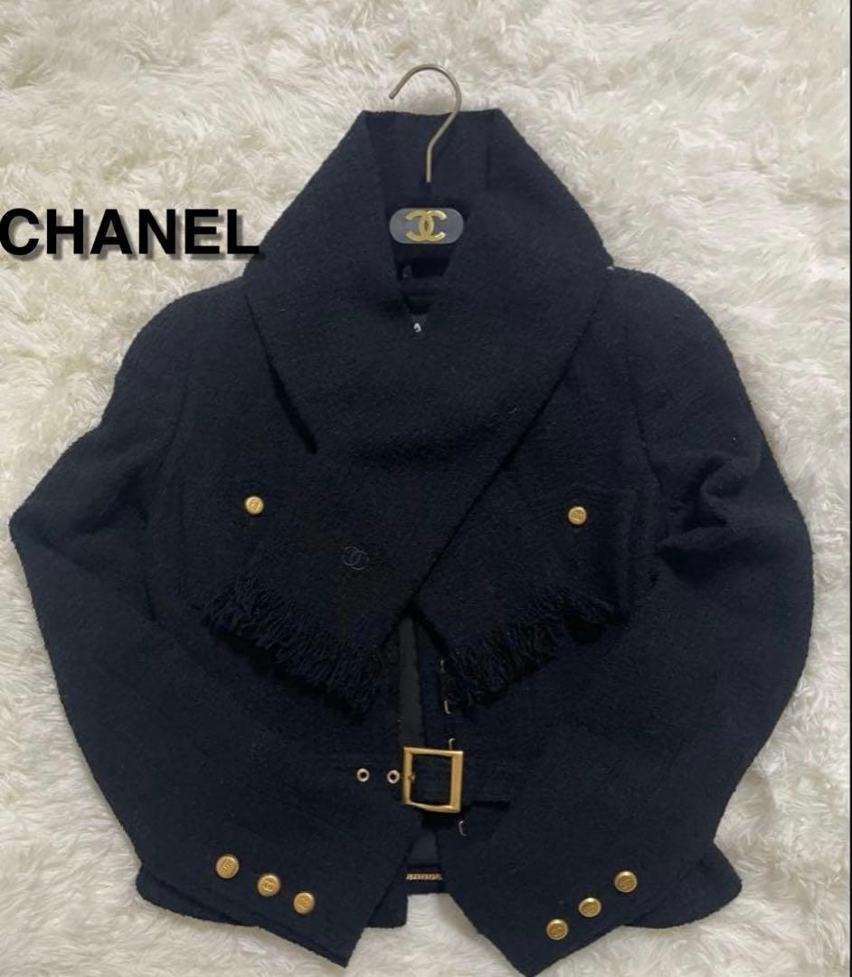 CHANEL ジャケット　ココマーク　ベルト・マフラー付き　ノーカラー　ツイード