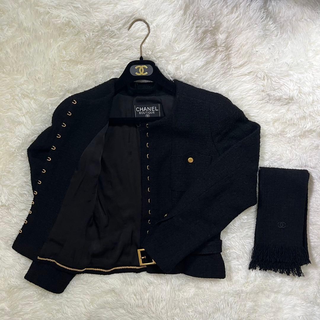 CHANEL ジャケット　ココマーク　ベルト・マフラー付き　ノーカラー　ツイード