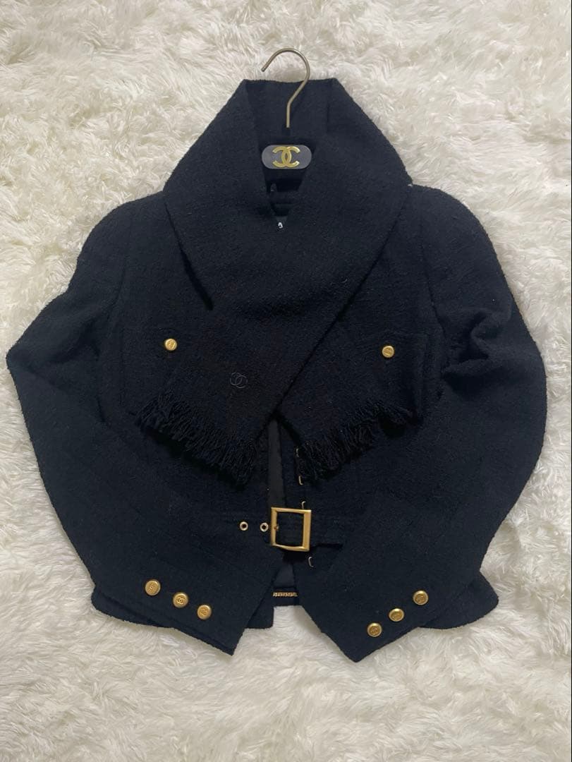 CHANEL ジャケット　ココマーク　ベルト・マフラー付き　ノーカラー　ツイード