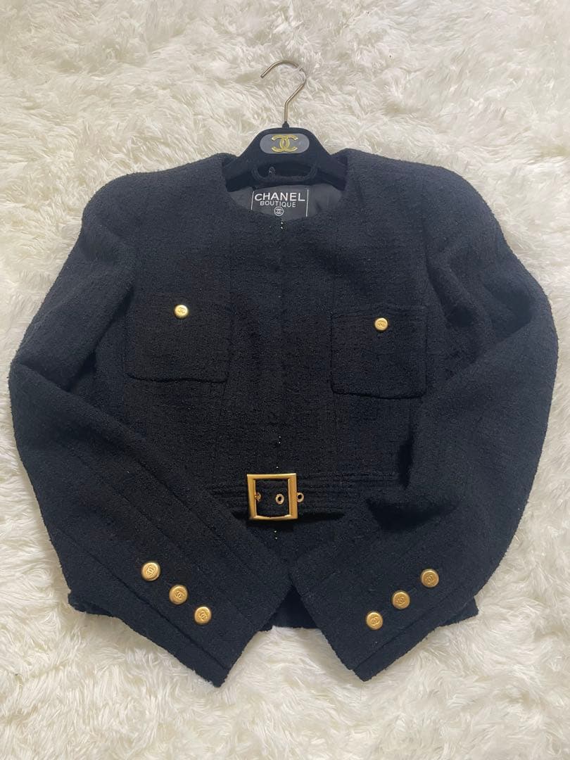 CHANEL ジャケット　ココマーク　ベルト・マフラー付き　ノーカラー　ツイード