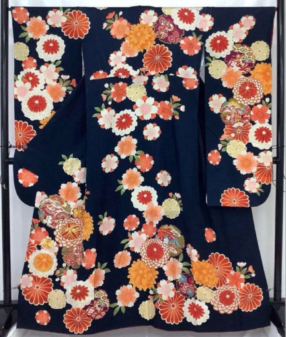 振袖　身丈170.5　裄70.5　高身長　成人式　卒業式　袴　濃紺　オレンジ　赤